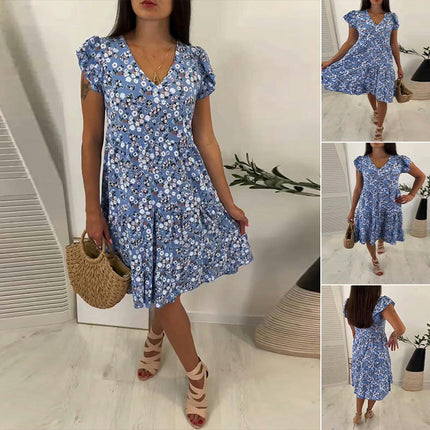 Womens Summer V Neck Floral Print Dresses Short Sleeve Swing Casual Boho Midi Dress