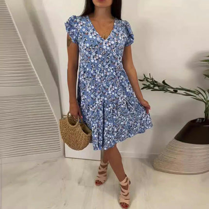 Womens Summer V Neck Floral Print Dresses Short Sleeve Swing Casual Boho Midi Dress