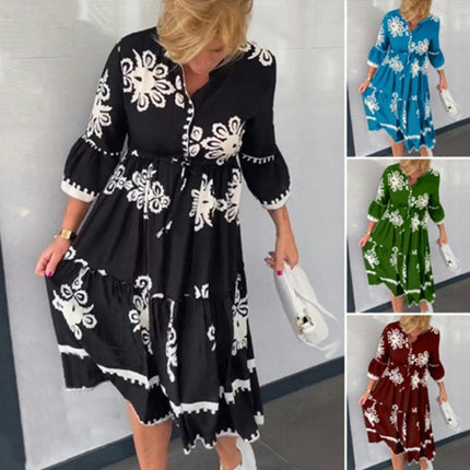 Women's Casual Floral Button Dresses 3/4 Sleeve V Neck A Line Flowy Summer Dress