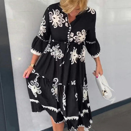 Women's Casual Floral Button Dresses 3/4 Sleeve V Neck A Line Flowy Summer Dress