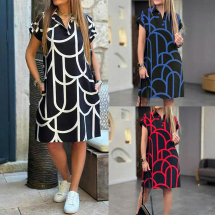 Women Casual Summer Loose Dress V Neck Short Sleeve Print Dresses with Pockets