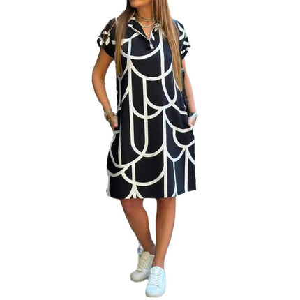 Women Casual Summer Loose Dress V Neck Short Sleeve Print Dresses with Pockets