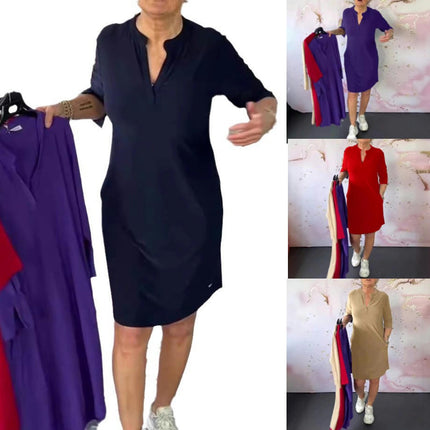 Women's Summer V Neck Long Sleeve Midi Tshirt Dresses Casual Tunic Dress with Pockets