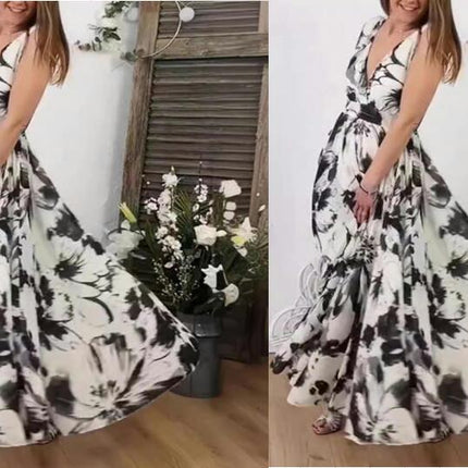 Women Summer Casual Floral Print Deep V Neck Maxi Dress Sexy Sleeveless Beach Dresses