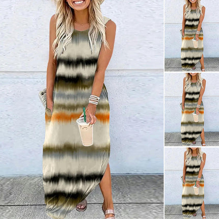 Summer Maxi Dresses for Women Casual Crew Neck Sleeveless Color Block Tank Dress