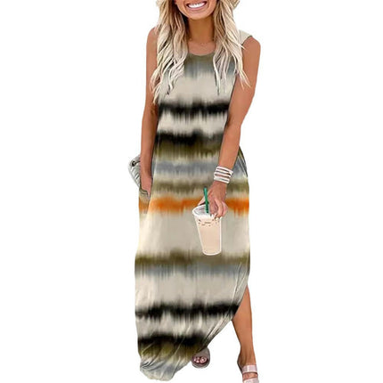 Summer Maxi Dresses for Women Casual Crew Neck Sleeveless Color Block Tank Dress