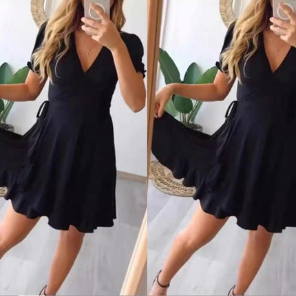 Women's Summer Wrap Mini Dress Casual V Neck Puff Short Sleeve Ruffle Hem Dresses