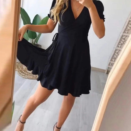 Women's Summer Wrap Mini Dress Casual V Neck Puff Short Sleeve Ruffle Hem Dresses