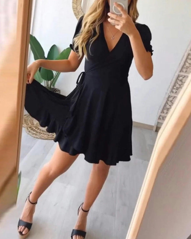 Women's Summer Wrap Mini Dress Casual V Neck Puff Short Sleeve Ruffle Hem Dresses