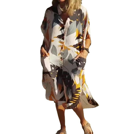 Women's Short Sleeve V Neck Button Down Shirt Dresses Casual Summer Print Dress with Pocket