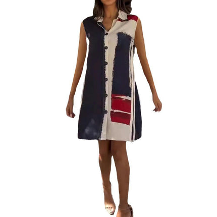 Women's Sleeveless Button Down Print Dress Lapel V Neck Loose Fit Casual Dresses