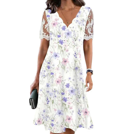 Women's Floral Print V Neck Lace Short Sleeve Casual Mini Boho Swing Dress