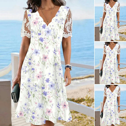 Women's Floral Print V Neck Lace Short Sleeve Casual Mini Boho Swing Dress