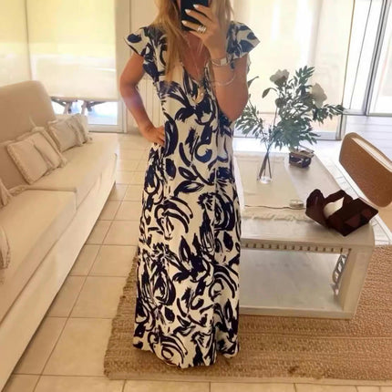 Women Summer Print Dresses Ruffle Sleeve V Neck Split Boho Casual Beach Maxi Dress