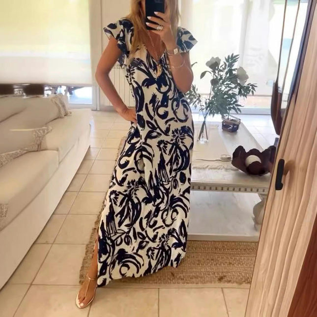 Women Summer Print Dresses Ruffle Sleeve V Neck Split Boho Casual Beach Maxi Dress