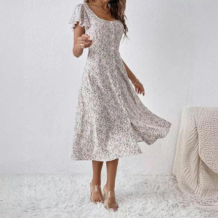 Women Summer Floral Dresses Ruffle Sleeve Square Neck Button Down Casual Midi Dress