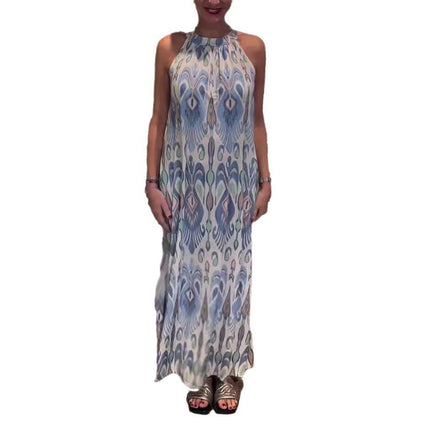 Women Summer Sleeveless Print Dress Halter Neck Flowy Maxi Dresses