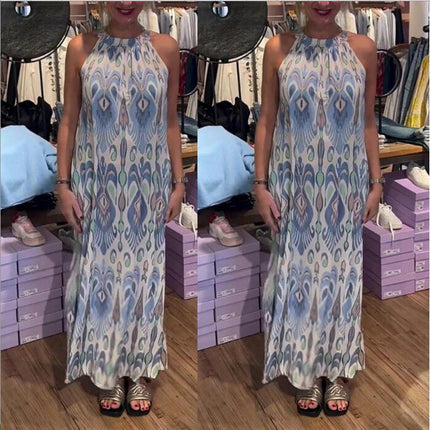 Women Summer Sleeveless Print Dress Halter Neck Flowy Maxi Dresses