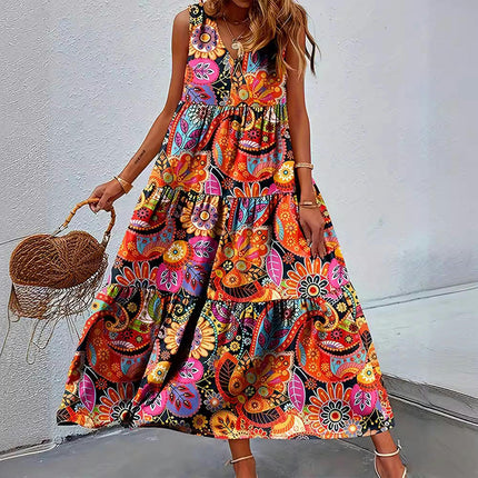 Women's Floral Maxi Dresses Sleeveless V Neck Flowy Tiered Boho Beach Dress