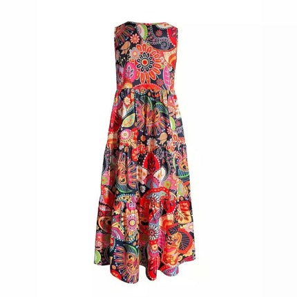 Women's Floral Maxi Dresses Sleeveless V Neck Flowy Tiered Boho Beach Dress