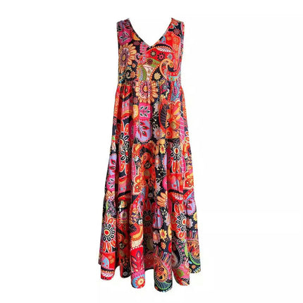 Women's Floral Maxi Dresses Sleeveless V Neck Flowy Tiered Boho Beach Dress