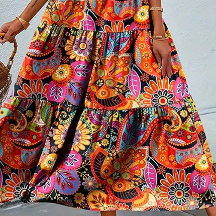 Women's Floral Maxi Dresses Sleeveless V Neck Flowy Tiered Boho Beach Dress