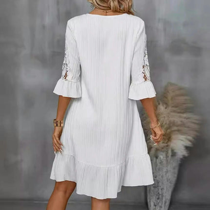 Women's Casual Dress V Neck 3/4 Bell Sleeve Flowy Mini Ruffled Summer Dresses