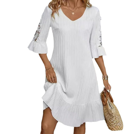 Women's Casual Dress V Neck 3/4 Bell Sleeve Flowy Mini Ruffled Summer Dresses