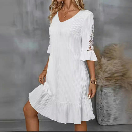 Women's Casual Dress V Neck 3/4 Bell Sleeve Flowy Mini Ruffled Summer Dresses