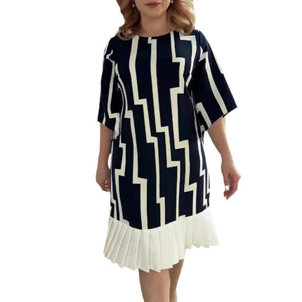 Womens Summer Dresses Print Crew Neck 3/4 Sleeve Casual Pleated Swing Midi Dress