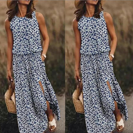 Womens Summer Crew Neck Floral Long Dress Casual Sleeveless Split Flowy Maxi Dresses