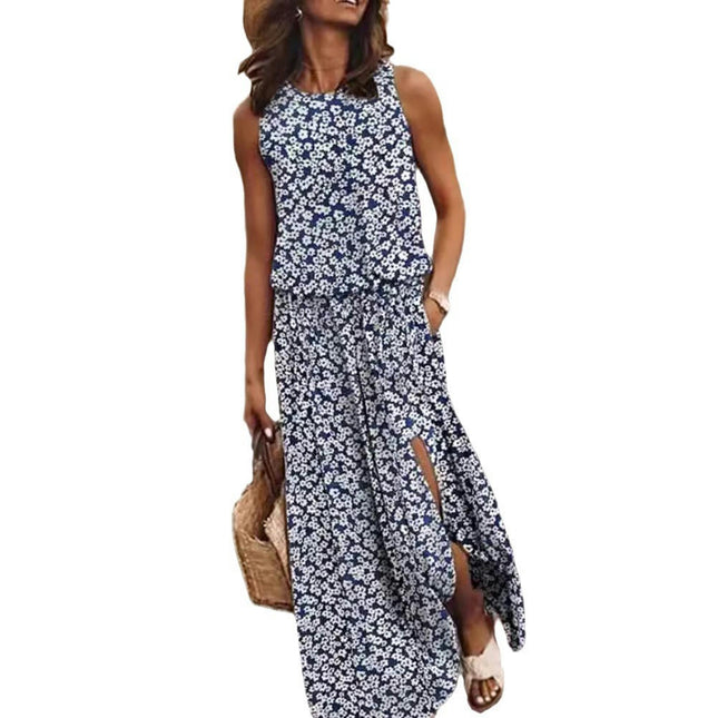 Womens Summer Crew Neck Floral Long Dress Casual Sleeveless Split Flowy Maxi Dresses