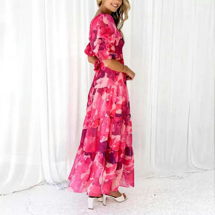 Women's Summer Floral Maxi Dress Puff Short Sleeve A Line Tiered Ruffled Beach Dresses