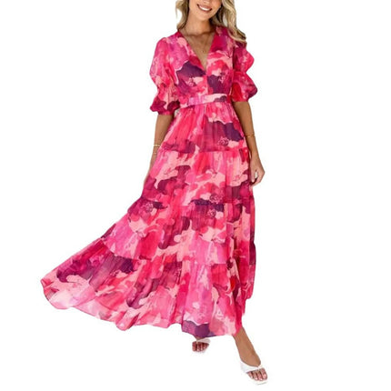 Women's Summer Floral Maxi Dress Puff Short Sleeve A Line Tiered Ruffled Beach Dresses