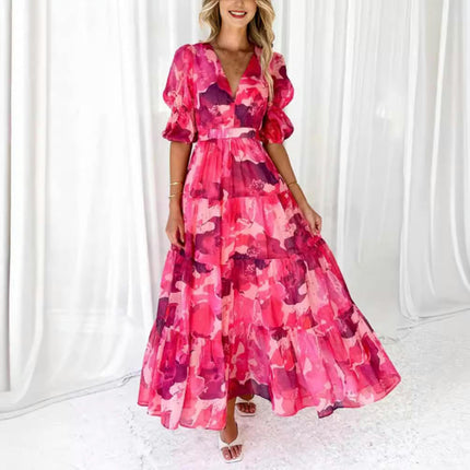 Women's Summer Floral Maxi Dress Puff Short Sleeve A Line Tiered Ruffled Beach Dresses