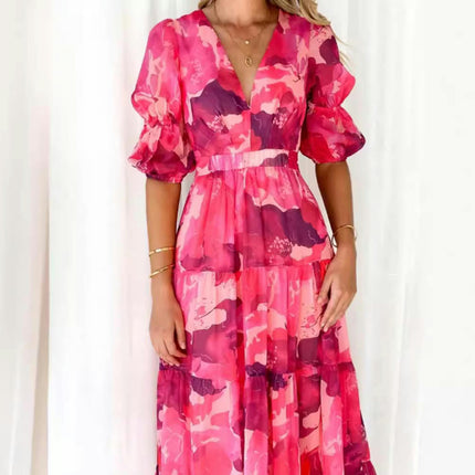 Women's Summer Floral Maxi Dress Puff Short Sleeve A Line Tiered Ruffled Beach Dresses