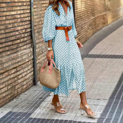 Women's Boho Print Puff Sleeve Midi Dress Casual V Neck Button Down Flowy Ruffle Dresses