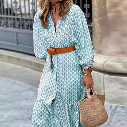 Women's Boho Print Puff Sleeve Midi Dress Casual V Neck Button Down Flowy Ruffle Dresses