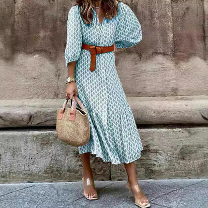 Women's Boho Print Puff Sleeve Midi Dress Casual V Neck Button Down Flowy Ruffle Dresses