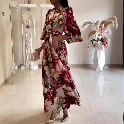 Summer 3/4 Sleeve Maxi Dresses for Women V Neck Collared Tie Long Print Dress