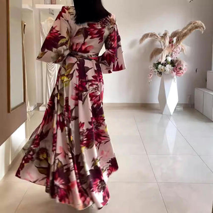 Summer 3/4 Sleeve Maxi Dresses for Women V Neck Collared Tie Long Print Dress