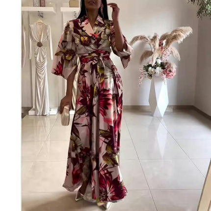 Summer 3/4 Sleeve Maxi Dresses for Women V Neck Collared Tie Long Print Dress