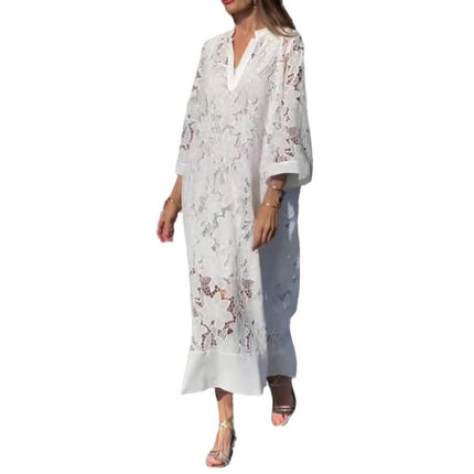 Womens Summer Floral Lace Dresses 3/4 Sleeve V Neck Loose Midi Dress