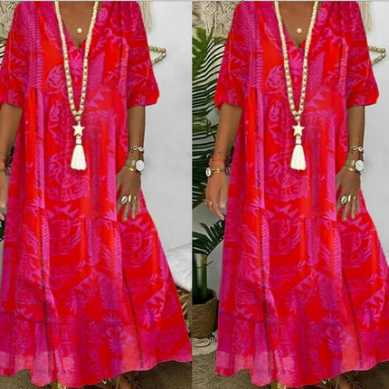 Women Casual Boho V Neck Long Dress 3/4 Sleeve Loose Flowy Swing Floral Maxi Dresses