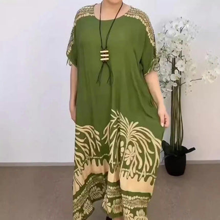 Womens Crew Neck Flowy Loose Print Maxi Dresses Summer Casual Half Sleeves Long Dress