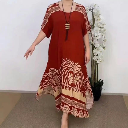 Womens Crew Neck Flowy Loose Print Maxi Dresses Summer Casual Half Sleeves Long Dress