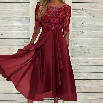 Womens Elegant Chiffon Lace Patchwork Short Sleeve Irregular Hem Cocktail Dress