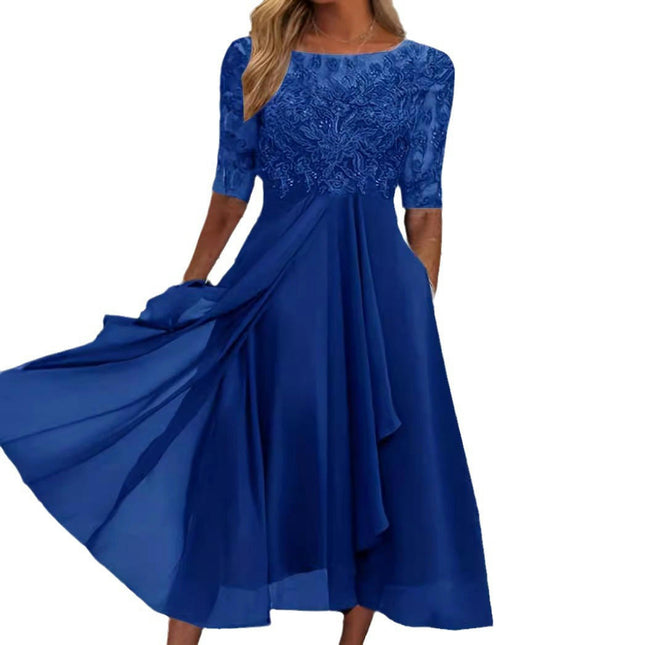 Womens Elegant Chiffon Lace Patchwork Short Sleeve Irregular Hem Cocktail Dress