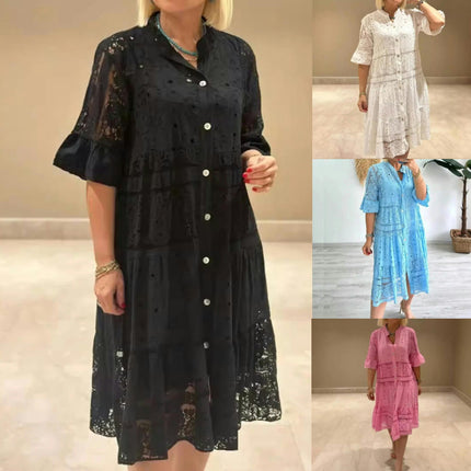 Dress for Women Floral Lace Boho V Neck Short Sleeve Button Down Midi Dress