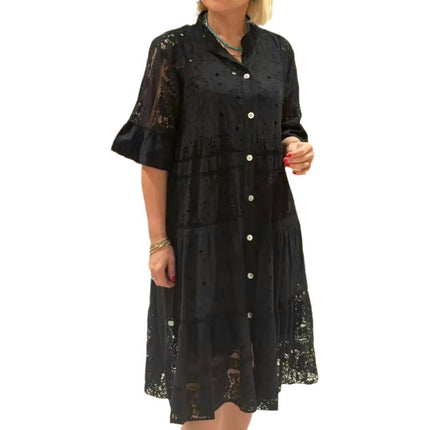 Dress for Women Floral Lace Boho V Neck Short Sleeve Button Down Midi Dress